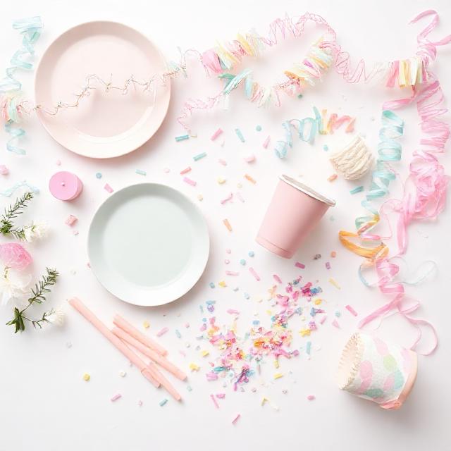 Party supplies flat lay: plates, cups, garlands, candles, confetti and piñata elements in soft pastels on white background, clean minimal composition