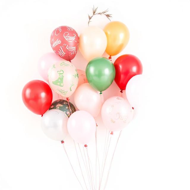Seasonal balloons styled for Christmas and birthdays, subtle festive accents, soft pastel palette on white background, elegant product display
