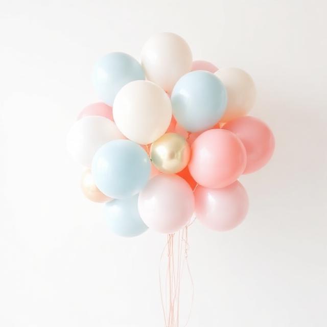 High-quality studio photo of a pastel balloon bouquet on a clean white background, soft pastel blue #AEDFF7, cream #F9F7F3, coral pink #FFC1C1 with metallic gold #D4AF37 accents, elegant, modern, lots of white space, professional but joyful look