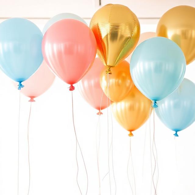 Helium balloons floating indoors, mix of latex and foil, subtle strings, pastel blue #AEDFF7, coral #FFC1C1 and gold #D4AF37, bright soft light, white background