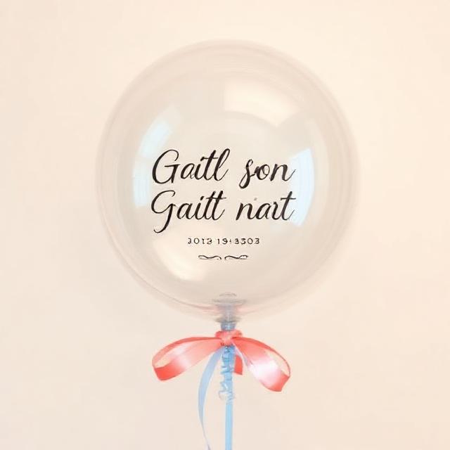 Gift balloon with personalized message inside a clear bubble, pastel ribbons, soft pastel blue #AEDFF7 and coral pink #FFC1C1 on off-white #F9F7F3 background, elegant, product photo